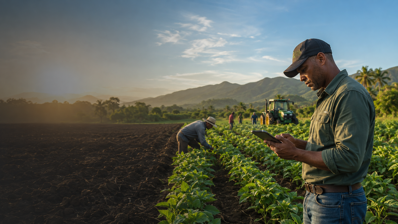 Director agrícola supervisando una operación productiva desde el campo