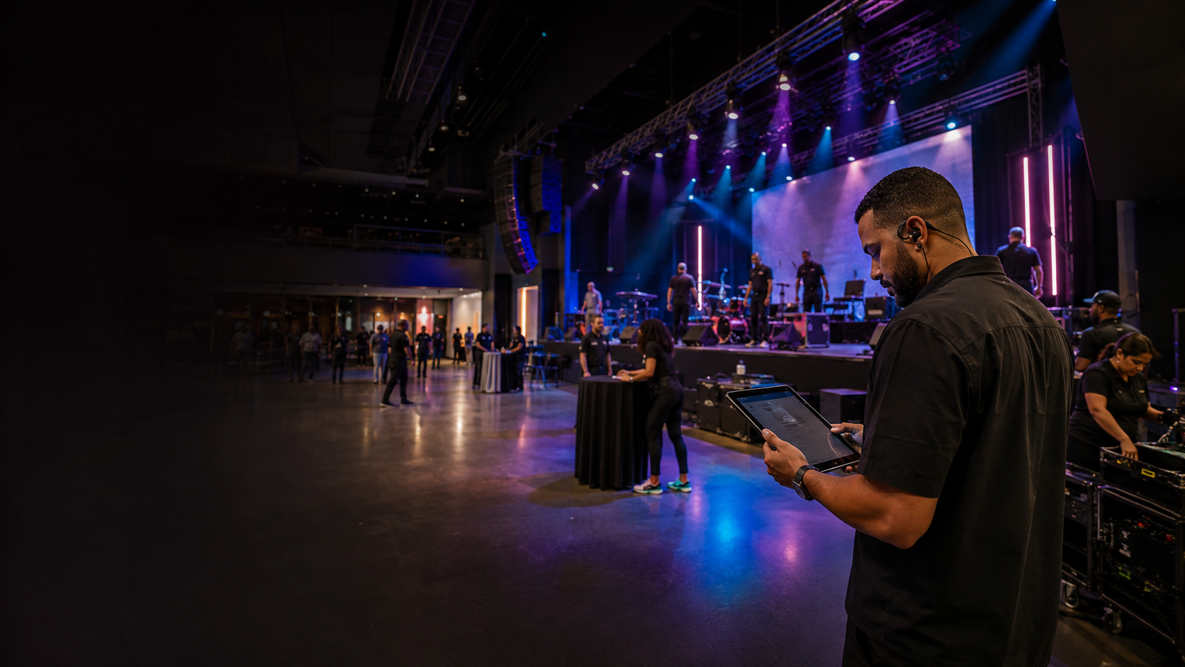 Director supervisando la producción y apertura de un evento
