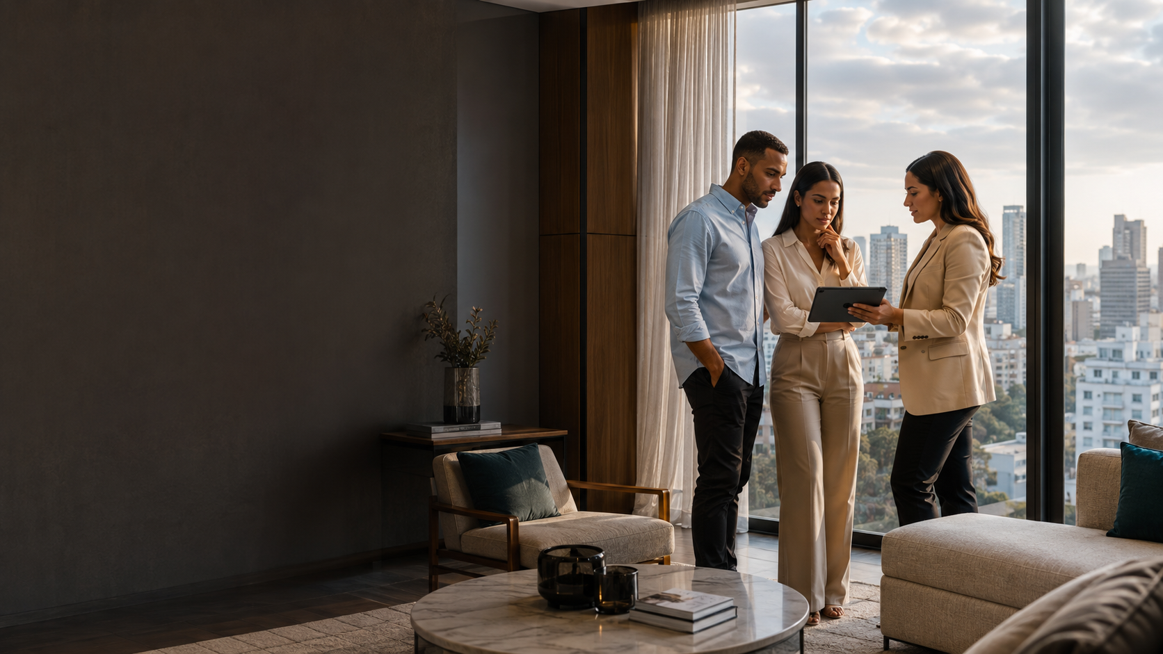 Asesora inmobiliaria presentando una propiedad a una pareja