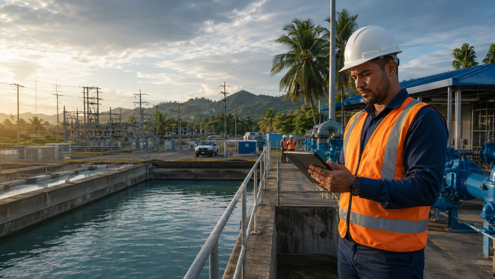 Supervisor de servicios públicos inspeccionando infraestructura de agua y energía
